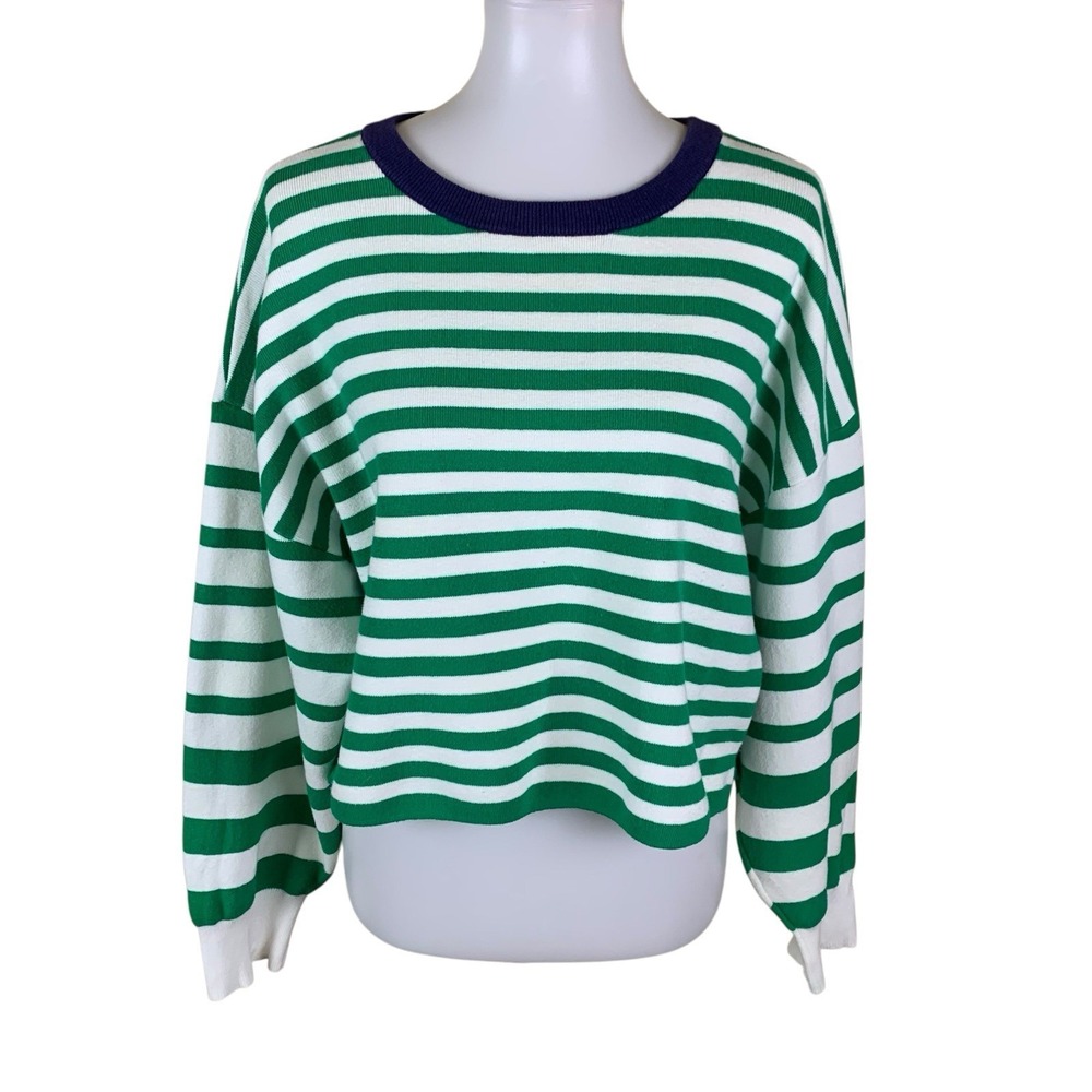 Anthropologie Green and White Striped Sweater